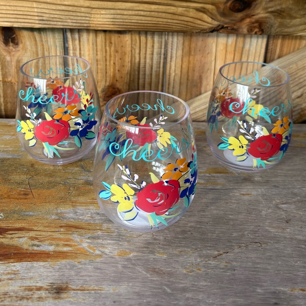 Set of 3 Pioneer Woman Birthday Floral Stemless Acrylic Wine Glasses Size 17.5oz